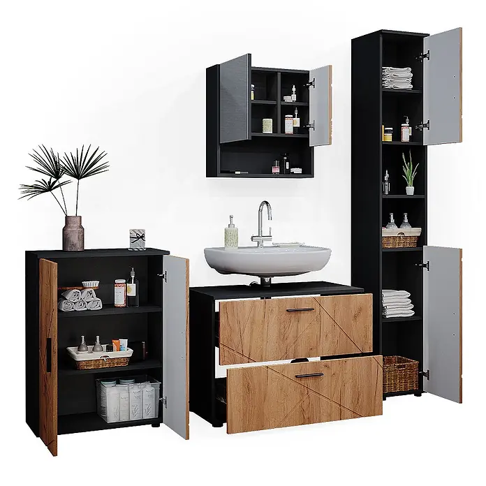 Vicco Badmöbel-Set Irma Goldkraft Eiche 4 Teile, mit Schubladenschrank und Midischrank - Goldkraft Eiche, Matt - Modernes Badezimmermöbel-Set in Schwarz und Holzoptik mit Waschtisch, Hochschrank, Wandschrank und Seitenschrank.