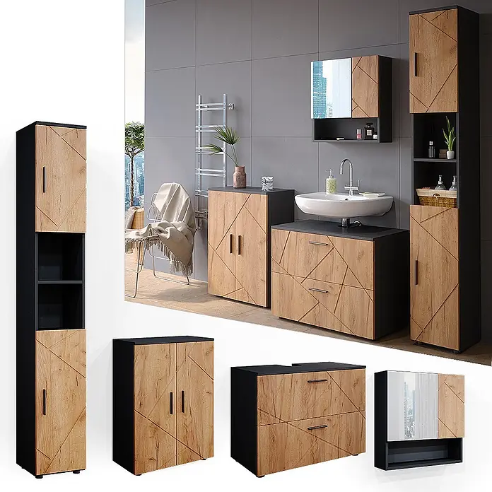 Vicco Badmöbel-Set Irma Goldkraft Eiche 4 Teile, mit Schubladenschrank und Midischrank - Goldkraft Eiche, Matt - Modernes Badmöbel-Set: dunkle Rahmen, helle Holzfronten mit geometrischem Design. Enthält Waschtischunterschrank, Hochschrank und Spiegelschrank.
