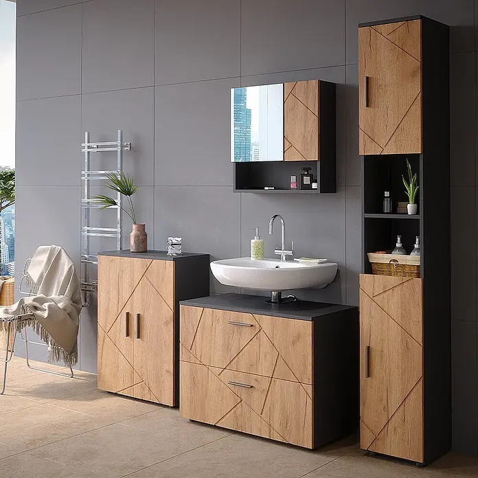 Vicco Badmöbel-Set Irma Goldkraft Eiche 4 Teile, mit Schubladenschrank und Midischrank - Goldkraft Eiche, Matt - Moderne Badmöbelgarnitur mit gemusterten hellen Holzoptik-Schränken und dunkelgrauen Ablagen, inklusive Waschbecken und Hochschränken.