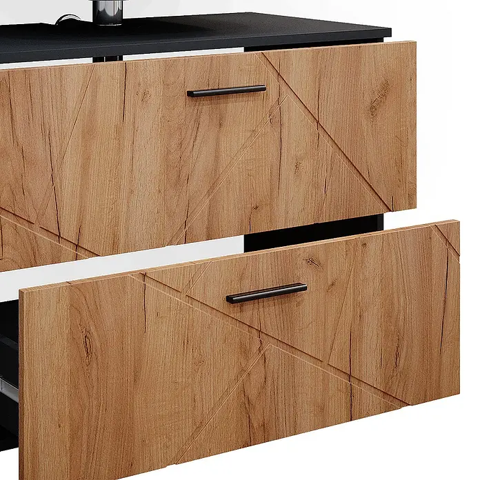 Vicco Badmöbel-Set Irma Goldkraft Eiche 4 Teile, mit Schubladenschrank und Midischrank - Goldkraft Eiche, Matt - Zwei Schubladen eines Schranks mit hellbrauner Holzoptik, geometrischem Muster und schwarzen Griffen. Die untere Schublade ist leicht geöffnet.