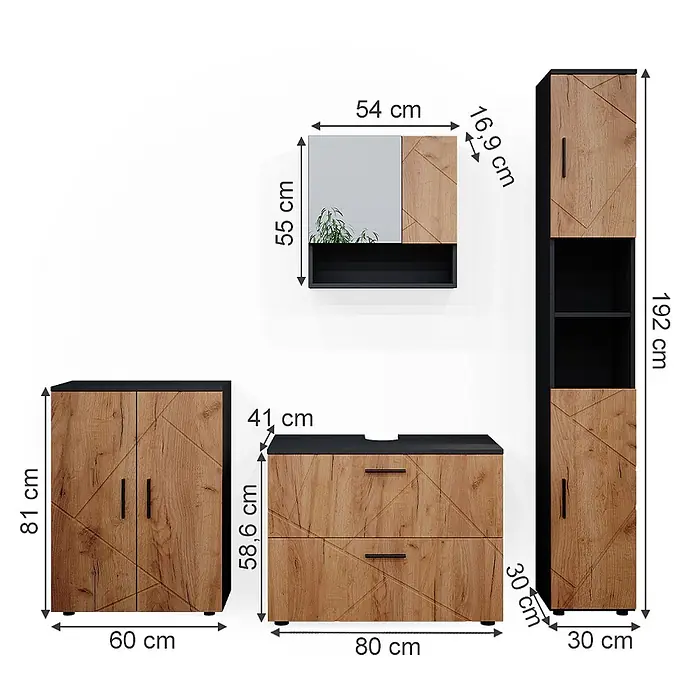 Vicco Badmöbel-Set Irma Goldkraft Eiche 4 Teile, mit Schubladenschrank und Midischrank - Goldkraft Eiche, Matt - Badmöbel-Set in hellem Holz und Schwarz, bestehend aus Waschtischunterschrank, Schrank, Hochschrank und Spiegelschrank.