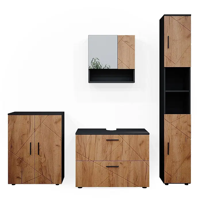 Vicco Badmöbel-Set Irma Goldkraft Eiche 4 Teile, mit Schubladenschrank und Midischrank - Goldkraft Eiche, Matt - Modernes Badezimmermöbel-Set in heller Holzoptik mit schwarzen Akzenten: Waschtisch, Hochschrank, Spiegelschrank und Unterschrank.