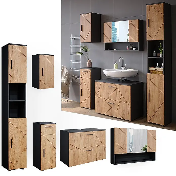 Vicco Badmöbel-Set Irma Goldkraft Eiche/Anthrazit 5 Teile - Gesamtbreite Badmöbel: 140 cm, Goldkraft Eiche, Matt - Modernes Badmöbelset in Holzoptik und Schwarz mit geometrischem Muster, im Badezimmer gezeigt.