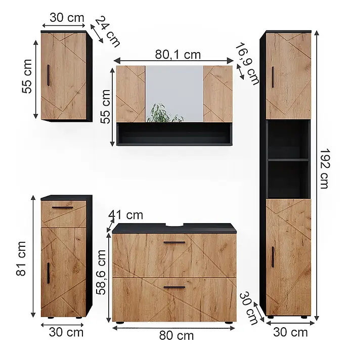 Vicco Badmöbel-Set Irma Goldkraft Eiche/Anthrazit 5 Teile - Gesamtbreite Badmöbel: 140 cm, Goldkraft Eiche, Matt - Badezimmermöbel-Set in Holzoptik mit schwarzen Akzenten, inklusive Hochschrank, Wandschrank, Spiegelschrank und Waschtischunterschrank, mit Maßen.