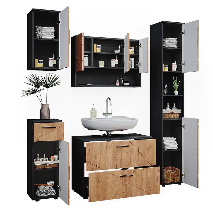 Vicco Badmöbel-Set Irma Goldkraft Eiche/Anthrazit 5 Teile - Gesamtbreite Badmöbel: 140 cm, Goldkraft Eiche, Matt - Modernes Badezimmermöbel-Set mit schwarzen Rahmen und hellen Holzfronten, inklusive Waschtisch-, Wand- und Hochschränken.