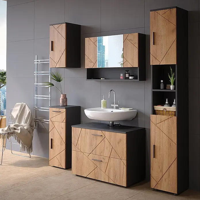 Vicco Badmöbel-Set Irma Goldkraft Eiche/Anthrazit 5 Teile - Gesamtbreite Badmöbel: 140 cm, Goldkraft Eiche, Matt - Modernes Badmöbel-Set aus Holzoptik mit geometrischen Mustern und dunkelgrauen Elementen, inklusive Schränken, Spiegelschrank und Waschtisch.