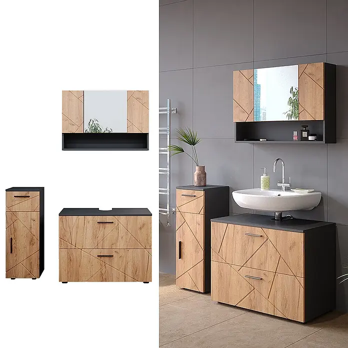 Vicco Badmöbel-Set Irma Goldkraft Eiche 3 Teile, mit Schubladenschrank und Midischrank - Goldkraft Eiche, Matt - Modernes Badmöbelset: Waschtischunterschrank mit Holzoptik und Waschbecken, Hochschrank und Spiegelschrank, mit anthrazitfarbenen Akzenten und geometrischen Mustern.