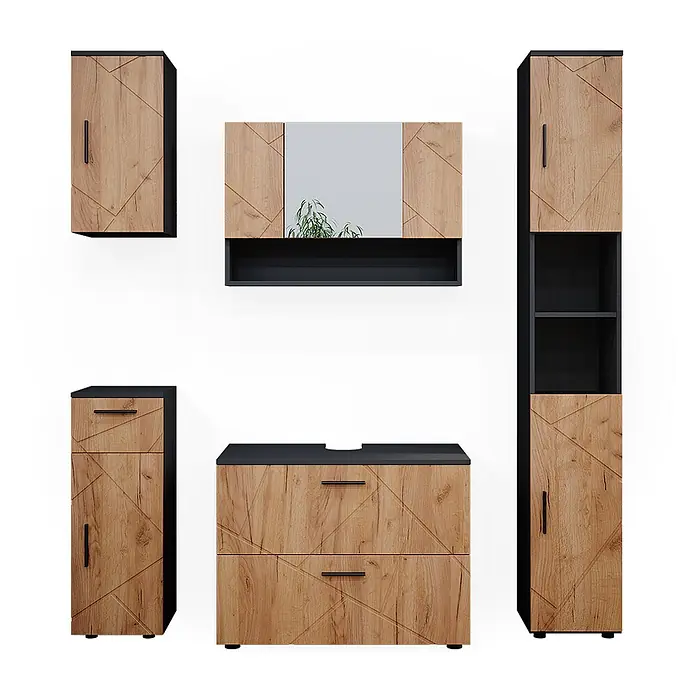 Vicco Badmöbel-Set Irma Goldkraft Eiche/Anthrazit 5 Teile - Gesamtbreite Badmöbel: 140 cm, Goldkraft Eiche, Matt - Modernes Badmöbelset aus hellem Holz mit geometrischem Muster und schwarzen Akzenten, inkl. Spiegelschrank, Waschtisch und Stauraumschränken.