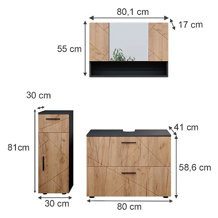 Vicco Badmöbel-Set Irma Goldkraft Eiche 3 Teile, mit Schubladenschrank und Midischrank - Goldkraft Eiche, Matt - Modernes Badezimmermöbelset: ein Wandschrank mit Spiegel, ein Hochschrank und ein Waschtischunterschrank in Holzoptik mit schwarzen Akzenten und Maßen.