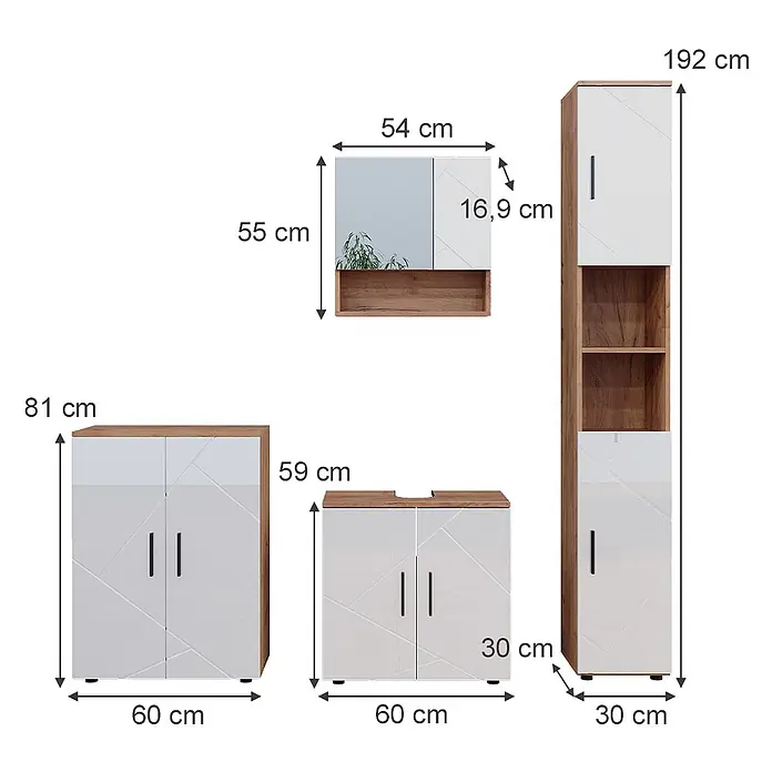 Vicco Badmöbel-Set Irma Weiß Hochglanz 4 Teile, mit Hochschrank und Kommode - Gesamtbreite Badmöbel: 150 cm, Weiß Hochglanz, Glänzend - Badezimmermöbel-Set mit weißen Fronten und Holzoptik-Details, inklusive verschiedener Schränke und Spiegel.