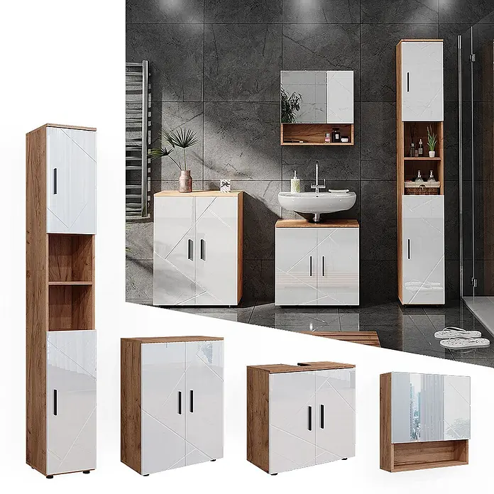 Vicco Badmöbel-Set Irma Weiß Hochglanz 4 Teile, mit Hochschrank und Kommode - Gesamtbreite Badmöbel: 150 cm, Weiß Hochglanz, Glänzend - Modernes Badezimmermöbelset mit Holzoptikrahmen und hochglänzenden weißen Türen mit geometrischen Mustern, inkl. Hochschränken, Waschtischunterschrank und Spiegelschrank.