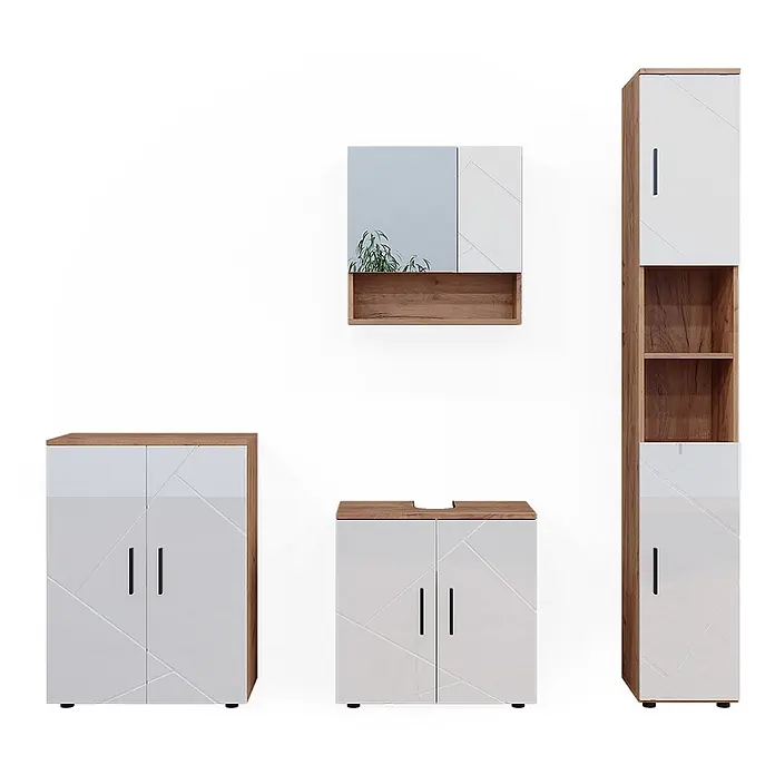 Vicco Badmöbel-Set Irma Weiß Hochglanz 4 Teile, mit Hochschrank und Kommode - Gesamtbreite Badmöbel: 150 cm, Weiß Hochglanz, Glänzend - Modernes Badmöbelset mit weißen Fronten im Geometriemuster, hellen Holzrahmen und schwarzen Griffen.