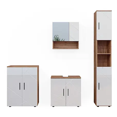 Vicco  Badmöbel-Set Irma Weiß Hochglanz 4 Teile, mit Hochschrank und Kommode