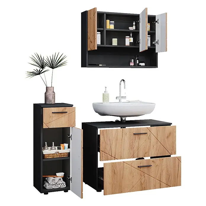 Vicco Badmöbel-Set Irma Goldkraft Eiche 3 Teile, mit Schubladenschrank und Midischrank - Goldkraft Eiche, Matt - Modernes Badmöbelset: dunkelgraue Schränke mit hellen Holzfronten im geometrischen Muster, bestehend aus Wandschrank, Waschbeckenunterschrank und Hochschrank.