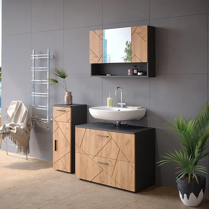 Vicco Badmöbel-Set Irma Goldkraft Eiche 3 Teile, mit Schubladenschrank und Midischrank - Goldkraft Eiche, Matt - Modernes Badmöbel-Set mit geometrischen Holzoptik-Fronten und dunkelgrauen Akzenten: Waschtischunterschrank, Hochschrank, Spiegelschrank.