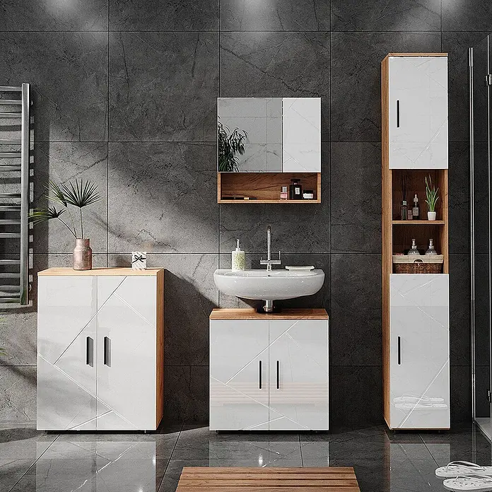 Vicco Badmöbel-Set Irma Weiß Hochglanz 4 Teile, mit Hochschrank und Kommode - Gesamtbreite Badmöbel: 150 cm, Weiß Hochglanz, Glänzend - Modernes Badmöbelset in Weißglanz mit Holzdetails: Waschtisch, Hochschrank und Beistellschrank.