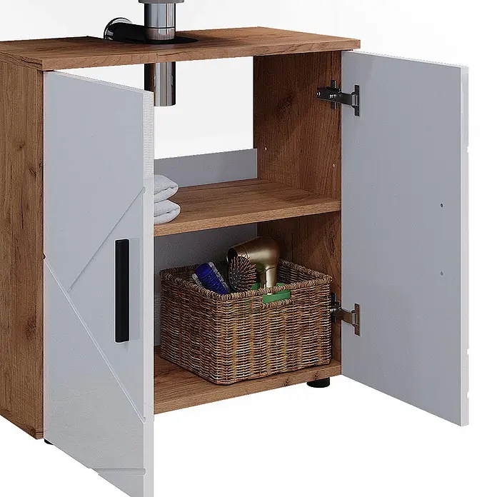 Vicco Badmöbel-Set Irma Weiß Hochglanz 4 Teile, mit Hochschrank und Kommode - Gesamtbreite Badmöbel: 150 cm, Weiß Hochglanz, Glänzend - Holz-Badezimmerunterschrank mit hellgrauen Türen, schwarzem Griff und Innenregalen mit Handtüchern und Weidenkorb.