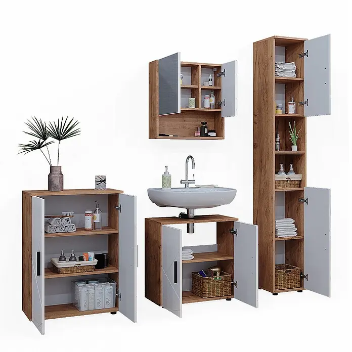 Vicco Badmöbel-Set Irma Weiß Hochglanz 4 Teile, mit Hochschrank und Kommode - Gesamtbreite Badmöbel: 150 cm, Weiß Hochglanz, Glänzend - Komplettes Badmöbel-Set: Holzoptik-Schränke mit weißen Türen, bestehend aus Hochschrank, Waschbecken-, Spiegelschrank und Beistellschrank.