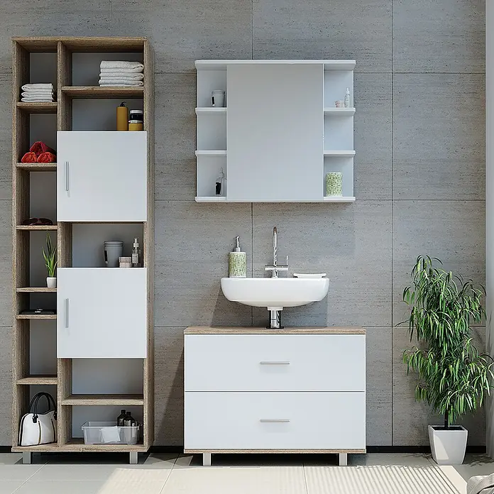 Vicco Badmöbel-Set Ilias Weiß/Sonoma 3 Teile, mit Unterschrank 80 cm - Gesamtbreite Badmöbel: 140,2 cm, Weiß, Matt - Badezimmerset mit weißem Waschbecken, hellem Holz und weißem Unterschrank, hohem Regal und Spiegelschrank.