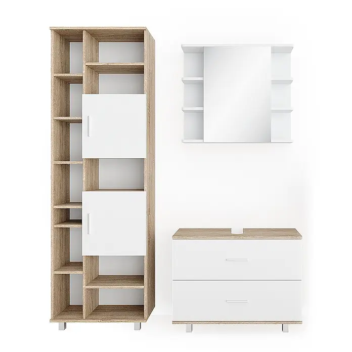 Vicco Badmöbel-Set Ilias Weiß/Sonoma 3 Teile, mit Unterschrank 80 cm - Gesamtbreite Badmöbel: 140,2 cm, Weiß, Matt - Hellholz-weiße modulare Möbel: hohes Regal mit Fächern/Schränken, Spiegelschrank und 2-Schubladen-Kommode.