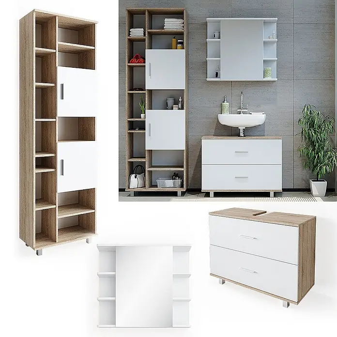Vicco Badmöbel-Set Ilias Weiß/Sonoma 3 Teile, mit Unterschrank 80 cm - Gesamtbreite Badmöbel: 140,2 cm, Weiß, Matt - Badezimmermöbel-Set: helles Holzregal, weiße Schränke, Waschbeckenunterschrank und Spiegelschrank.