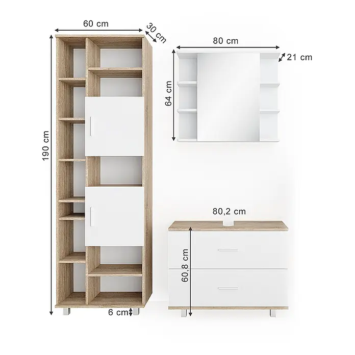 Vicco Badmöbel-Set Ilias Weiß/Sonoma 3 Teile, mit Unterschrank 80 cm - Gesamtbreite Badmöbel: 140,2 cm, Weiß, Matt - Dreiteiliges, modulares Möbelset in heller Holzoptik und Weiß: hohes Regal, Spiegelschrank und Kommode mit zwei Schubladen.
