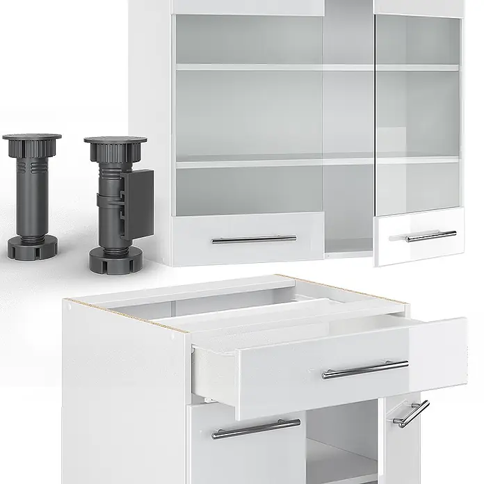 Vicco Singleküche Fame-Line Weiß Hochglanz/Weiß ohne Arbeitsplatte - Weiß Hochglanz, Ohne AP - Weiße Küchenschrankmodule: ein Hängeschrank, ein Unterschrank mit offener Schublade und zwei verstellbare dunkelgraue Füße.