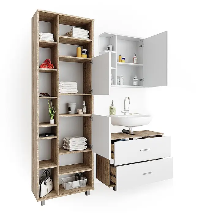 Vicco Badmöbel-Set Ilias Weiß/Sonoma 3 Teile, mit Unterschrank 80 cm - Gesamtbreite Badmöbel: 140,2 cm, Weiß, Matt - Badezimmermöbel-Set: hoher Holzregal, weißer Waschtisch mit Waschbecken und Wandschrank.