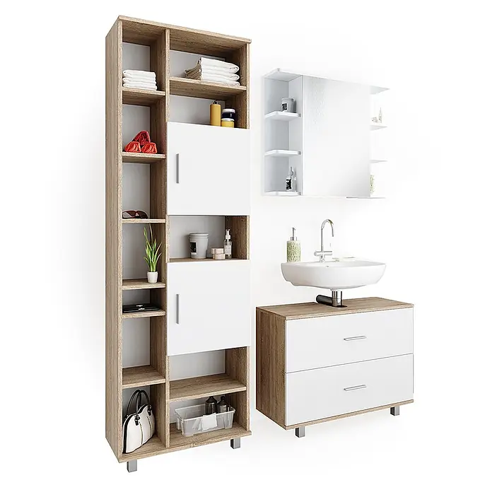 Vicco Badmöbel-Set Ilias Weiß/Sonoma 3 Teile, mit Unterschrank 80 cm - Gesamtbreite Badmöbel: 140,2 cm, Weiß, Matt - Badmöbel-Set in heller Holzoptik und Weiß: Hochschrank, Waschtischunterschrank und Spiegelschrank.