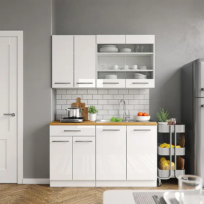 Vicco Singleküche Fame-Line Weiß Hochglanz/Weiß ohne Arbeitsplatte - Weiß Hochglanz, Ohne AP - Weiße Küchenzeile mit Holzplatte, Spüle und Ober-/Unterschränken, für kleine Räume.