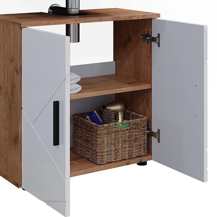 Vicco Badmöbel-Set Irma Weiß Hochglanz/Goldkraft Eiche 3 Teile, mit Unterschrank 60 cm - Gesamtbreite Badmöbel: 120 cm, Weiß Hochglanz, Glänzend - Badezimmerschrank in Holzoptik mit weißen Türen, eine offen, zeigt Regale mit Handtüchern und Korb.