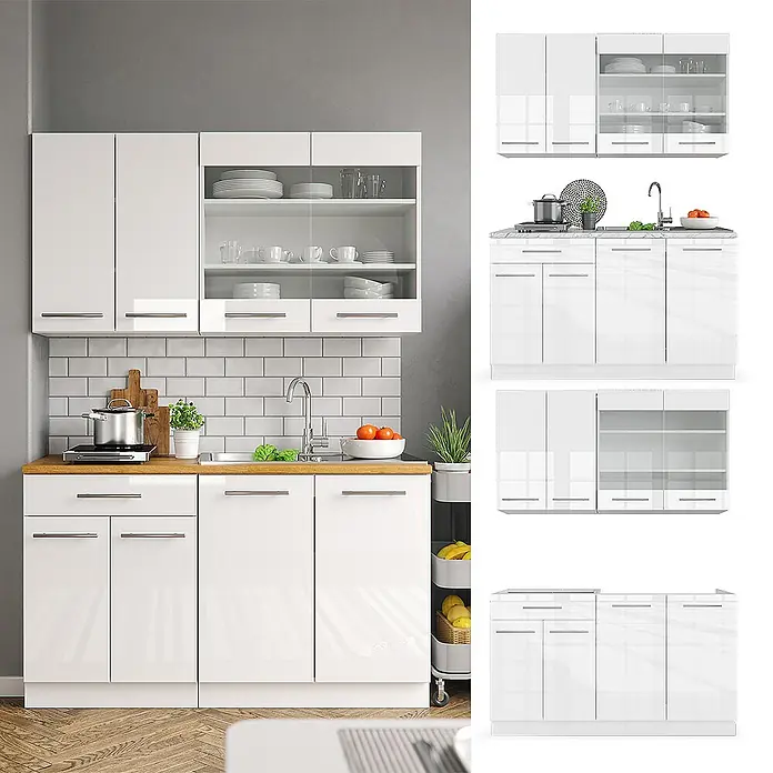 Vicco Singleküche Fame-Line Weiß Hochglanz/Weiß ohne Arbeitsplatte - Weiß Hochglanz, Ohne AP - Weißes Hochglanz-Küchenschrank-Set mit Hängeschränken (teilweise mit Glastüren) und Unterschränken mit Holzplatte.