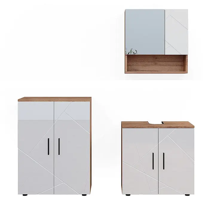 Vicco Badmöbel-Set Irma Weiß Hochglanz/Goldkraft Eiche 3 Teile, mit Unterschrank 60 cm - Gesamtbreite Badmöbel: 120 cm, Weiß Hochglanz, Glänzend - Weiß-Holz-Badmöbel-Set mit geometrischem Muster an den Fronten: Spiegelschrank, Hochschrank und Waschbeckenunterschrank.