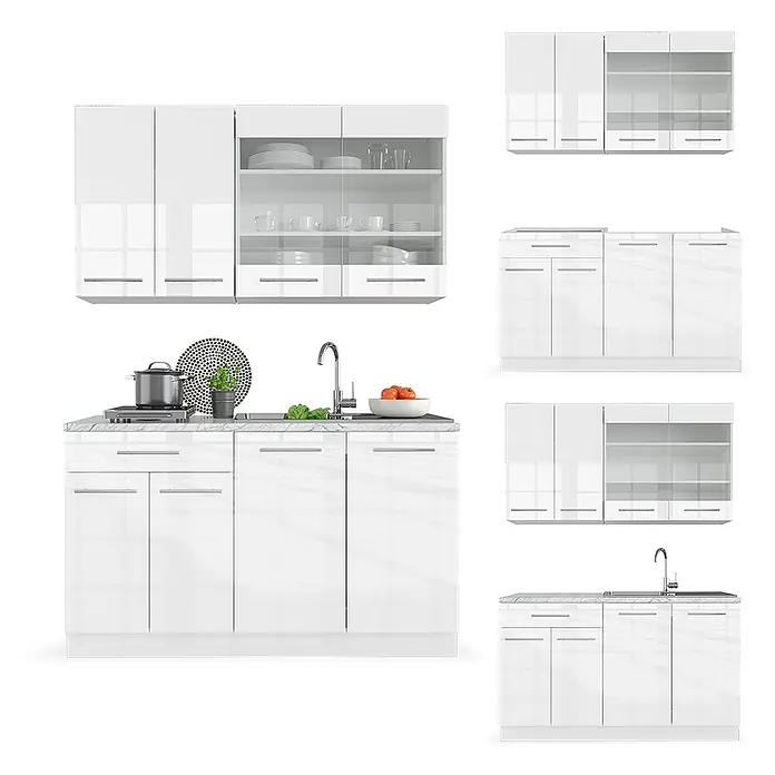 Vicco Singleküche Fame-Line Weiß Hochglanz/Weiß ohne Arbeitsplatte - Weiß Hochglanz, Ohne AP - Glänzendes, weißes, modulares Küchenschrank-Set mit Ober- und Unterschränken, inkl. Glastüren, Spüle und Kochfeld.