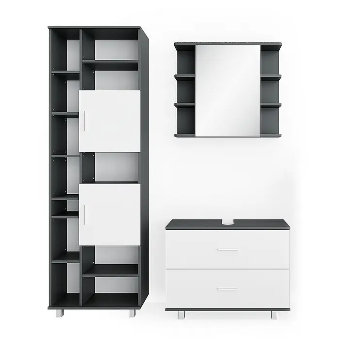 Vicco Badmöbel-Set Ilias Weiß/Anthrazit 3 Teile, mit Hochschrank - Gesamtbreite Badmöbel: 140,2 cm, Weiß, Matt - Modernes grau-weißes Badmöbelset mit Hochschrank, Spiegelschrank und Waschtischunterschrank.