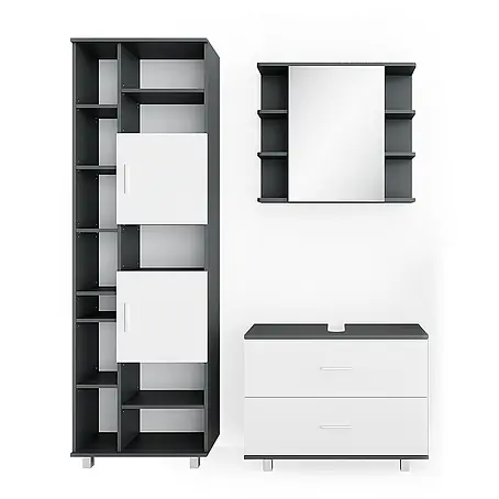 Vicco  Badmöbel-Set Ilias Weiß/Anthrazit 3 Teile, mit Hochschrank