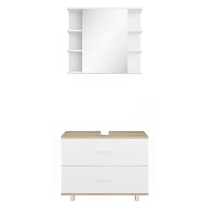 Vicco Badmöbel-Set Ilias Weiß/Sonoma 2 Teile, Unterschrank 80 cm - Gesamtbreite Badmöbel: 80,2 cm, Weiß, Matt - Weißes Badmöbel-Set mit Spiegelschrank, offenen Regalen und Unterschrank mit zwei Schubladen und Holzplatte.