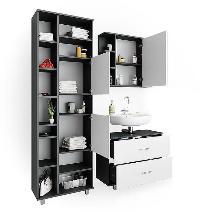 Vicco Badmöbel-Set Ilias Weiß/Anthrazit 3 Teile, mit Hochschrank - Gesamtbreite Badmöbel: 140,2 cm, Weiß, Matt - Dunkelgraues und weißes Badmöbelset mit hohem Schrank, Wandschrank und Waschtisch mit Waschbecken und Schubladen.