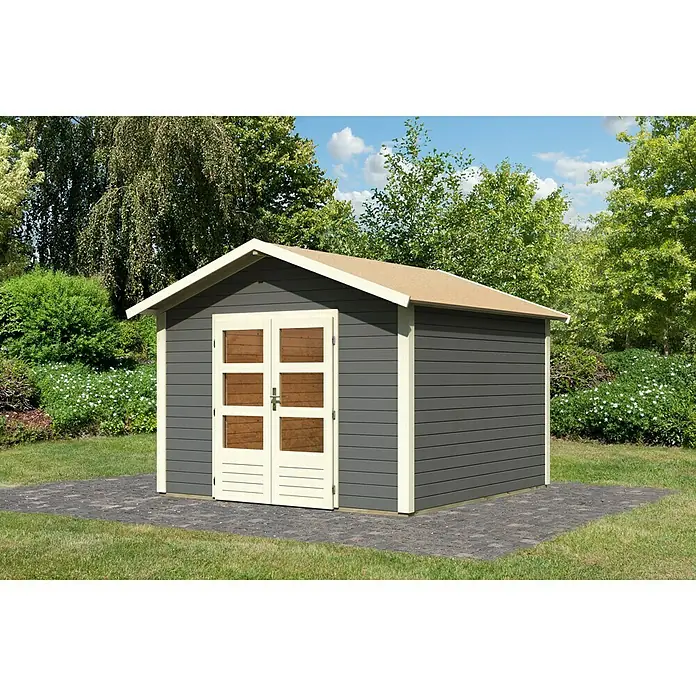 Karibu Gartenhaus Talkau 8 - Außenmaß inkl. Dachüberstand (B x T): 330 x 330 cm, Holz, Grau - Ein graues Gartenhaus mit Doppeltür und hellem Dach vor einem grünen Garten.
