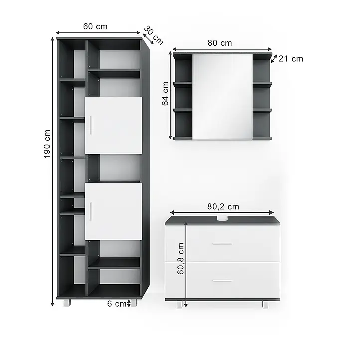 Vicco Badmöbel-Set Ilias Weiß/Anthrazit 3 Teile, mit Hochschrank - Gesamtbreite Badmöbel: 140,2 cm, Weiß, Matt - Modulares Möbelset in Dunkelgrau und Weiß: ein hohes Bücherregal, ein wandmontierter Spiegelschrank und eine Kommode mit zwei Schubladen.