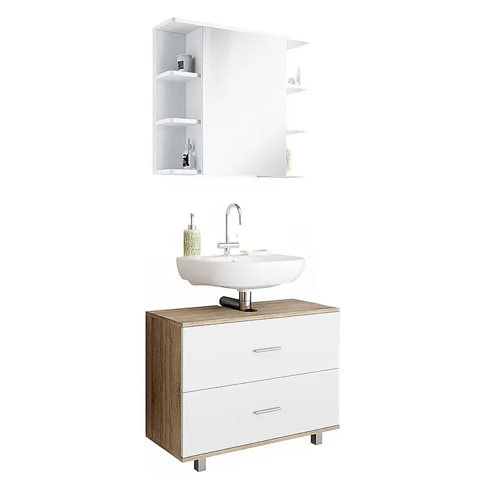 Vicco Badmöbel-Set Ilias Weiß/Sonoma 2 Teile, Unterschrank 80 cm - Gesamtbreite Badmöbel: 80,2 cm, Weiß, Matt - Modernes weißes Badmöbel-Set mit Spiegelschrank, Waschtischunterschrank mit Holzoptik und zwei Schubladen, Keramikwaschbecken und Chromarmatur.