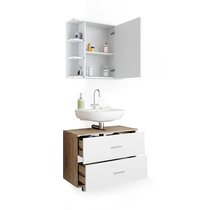 Vicco Badmöbel-Set Ilias Weiß/Sonoma 2 Teile, Unterschrank 80 cm - Gesamtbreite Badmöbel: 80,2 cm, Weiß, Matt - Weißer Wandschrank und Waschtischunterschrank in Holzoptik mit weißem Becken, Chromarmatur und teilweise geöffneten Schubladen.