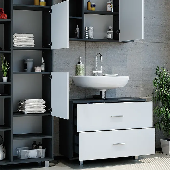 Vicco Badmöbel-Set Ilias Weiß/Anthrazit 3 Teile, mit Hochschrank - Gesamtbreite Badmöbel: 140,2 cm, Weiß, Matt - Modulares dunkelgraues und weißes Badaufbewahrungssystem mit offenen Regalen, geschlossenen Schränken, Schubladen und integriertem Waschbecken.