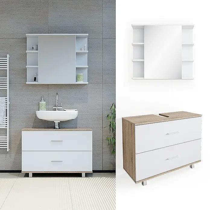 Vicco Badmöbel-Set Ilias Weiß/Sonoma 2 Teile, Unterschrank 80 cm - Gesamtbreite Badmöbel: 80,2 cm, Weiß, Matt - Weißes und holzfarbenes Badmöbel-Set, in einem modernen Badezimmer installiert, bestehend aus Spiegelschrank, Waschbecken und zweischubladigem Unterschrank.