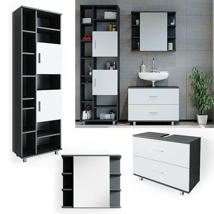 Vicco Badmöbel-Set Ilias Weiß/Anthrazit 3 Teile, mit Hochschrank - Gesamtbreite Badmöbel: 140,2 cm, Weiß, Matt - Ein modernes, dunkelgrau-weißes, modulares Badmöbelset mit Hochschrank, Spiegelschrank und Waschtischunterschrank.