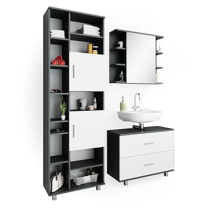 Vicco Badmöbel-Set Ilias Weiß/Anthrazit 3 Teile, mit Hochschrank - Gesamtbreite Badmöbel: 140,2 cm, Weiß, Matt - Dunkelgraues und weißes modulares Badezimmermöbel-Set mit hohem Schrank, Spiegelschrank und Waschtischunterschrank mit Waschbecken.