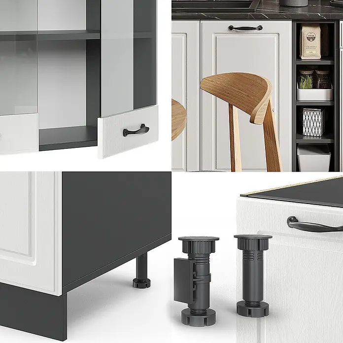Vicco Singleküche R-Line Weiß Landhaus/Anthrazit, AP Eiche - Breite: 160 cm, Weiß Landhaus, Mit AP Eiche - Weiße Küchenschränke mit dunkelgrauem Innenraum, schwarzen Griffen und verstellbaren schwarzen Kunststoff-Möbelfüßen zum Nivellieren.