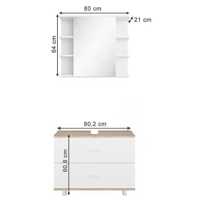 Vicco Badmöbel-Set Ilias Weiß/Sonoma 2 Teile, Unterschrank 80 cm - Gesamtbreite Badmöbel: 80,2 cm, Weiß, Matt - Weißes und helles Holzmöbelset bestehend aus einem wandmontierten Spiegelschrank mit Seitenregalen und einem Unterschrank mit zwei Schubladen.