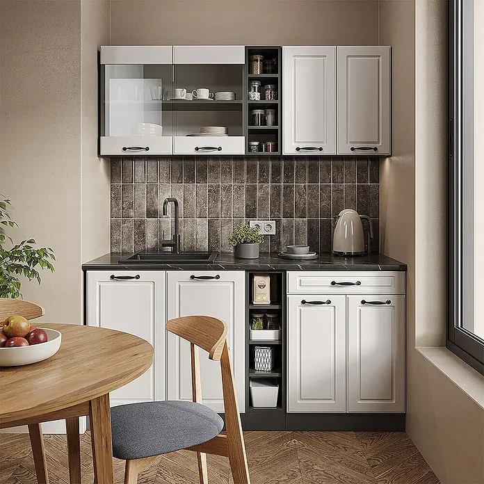 Vicco Singleküche R-Line Weiß Landhaus/Anthrazit, AP Eiche - Breite: 160 cm, Weiß Landhaus, Mit AP Eiche - Kompakte Küche mit weißen Ober- und Unterschränken, dunkler Arbeitsplatte, Spüle und offenen Regalen. Inklusive Esstisch.