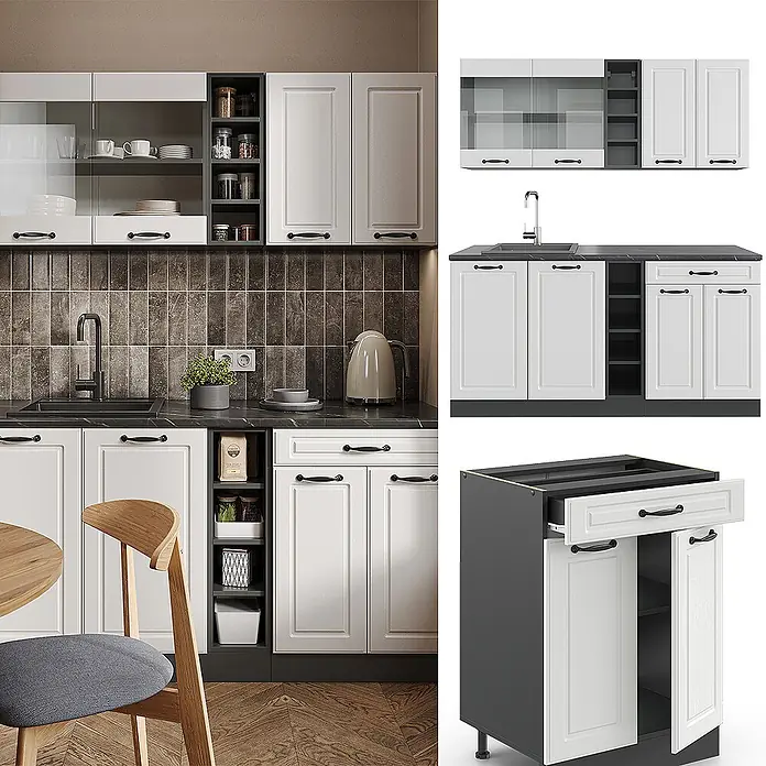 Vicco Singleküche R-Line Weiß Landhaus/Anthrazit, AP Eiche - Breite: 160 cm, Weiß Landhaus, Mit AP Eiche - Modulare Küchenschränke in Weiß und Dunkelgrau mit schwarzen Griffen, bestehend aus Ober-, Unter- und Spülschränken sowie offenen Regalen.